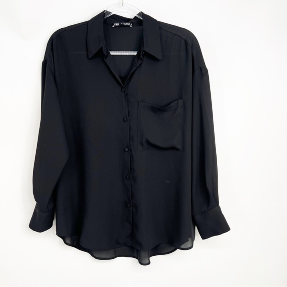 Zara Oversized Black Boyfriend Trench Button Front Blouse, Size XS